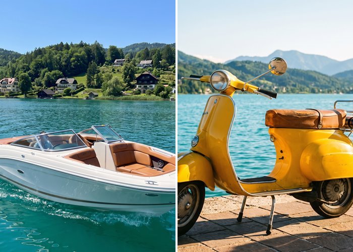 Motorboot und gelbe Vespa am Wörthersee