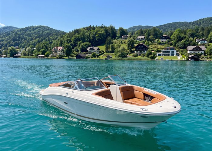 Weißes Motorboot auf dem türkisen Wörthersee